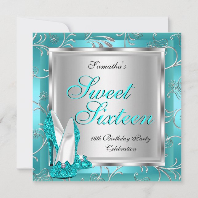 Sweet Sixteen Sweet 16 Teal Blue Silver White Invitation (Front)