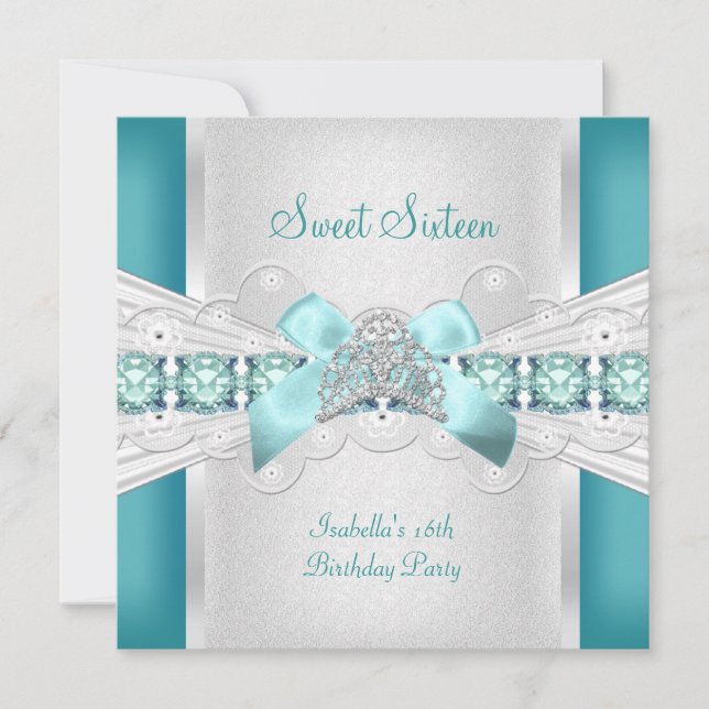 Sweet Sixteen Sweet 16 Tiara Blue Teal Invitation (Front)