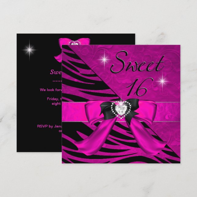 Sweet Sixteen Sweet 16 Zebra Hot Pink Black Invitation (Front/Back)