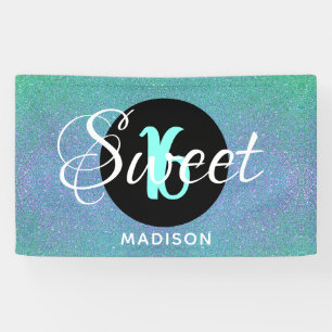 Sweet Sixteen Teal Aqua Glitter Personalized Banner