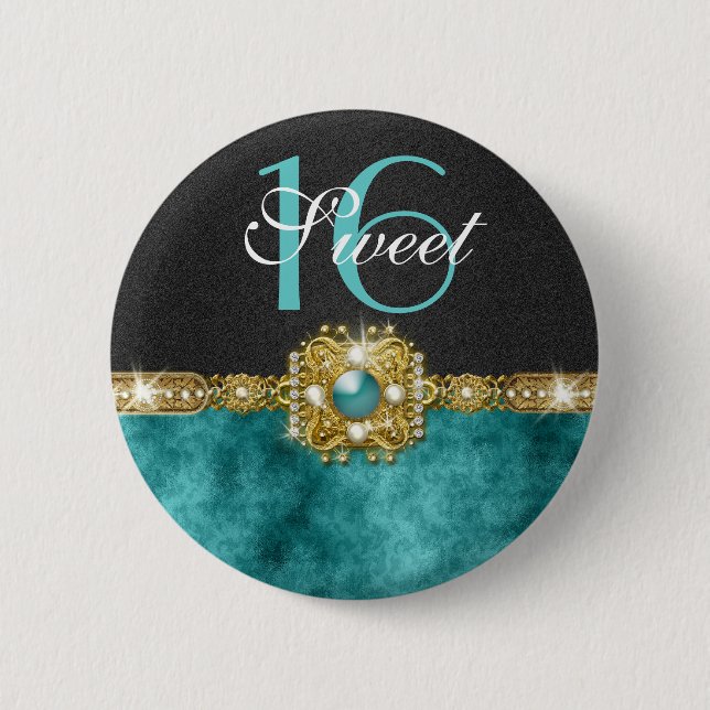 "sweet sixteen" teal black 16 birthday 6 cm round badge (Front)