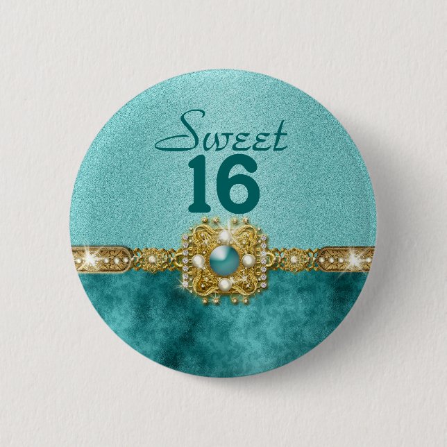 "sweet sixteen" teal gold 16 birthday 6 cm round badge (Front)