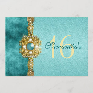 "sweet sixteen" teal gold 16 birthday invitation