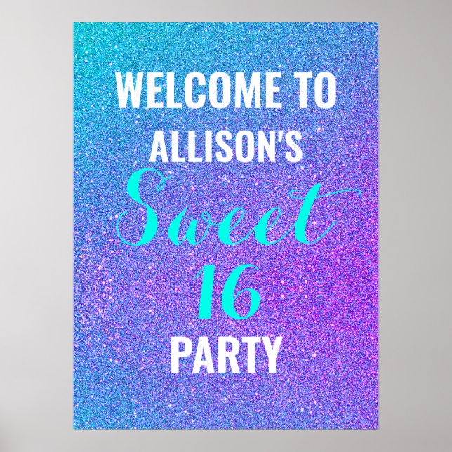 Sweet Sixteen Teal Purple Glitter Welcome Sign (Front)