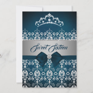 Sweet Sixteen Teal Silver Diamond Tiara Bow Invitation