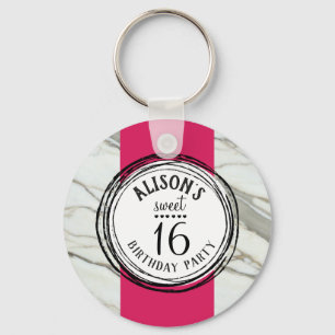 Sweet sixteen trendy pink, black, white marble key ring
