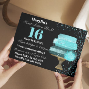 SWEET SIXTEEN TURQUOISE WATERCOLOR CAKE BIRTHDAY INVITATION