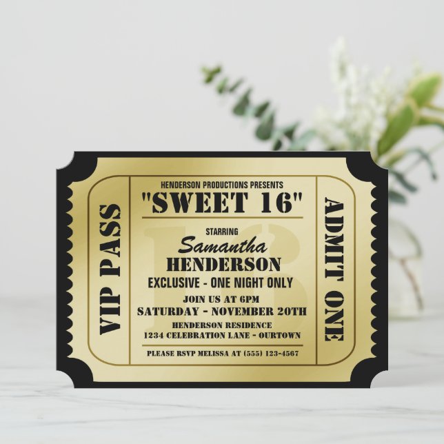 Sweet Sixteen VIP Ticket Style Party Invitations (Standing Front)