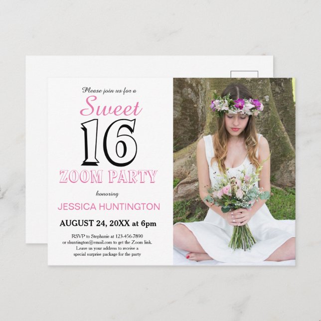 Sweet Sixteen Virtual Birthday Party Invitation Postcard (Front/Back)