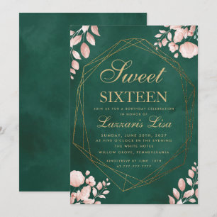 Sweet Sixteen Watercolor Floral Green Birthday Invitation