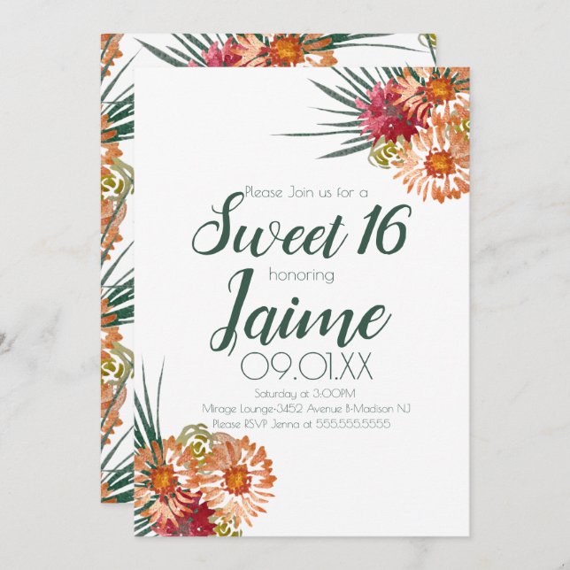 Sweet Sixteen Watercolor Floral Peach Green Invitation (Front/Back)