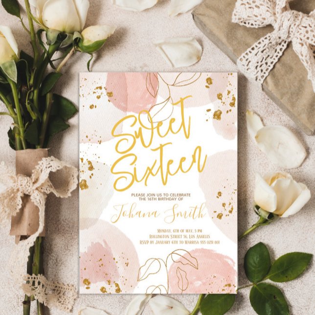 Sweet Sixteen Watercolor Pink Gold Birthday Invitation (Creator Uploaded)