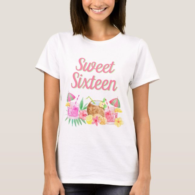 Sweet Sixteen Watercolor Tropical Hawaiian Luau T-Shirt (Front)