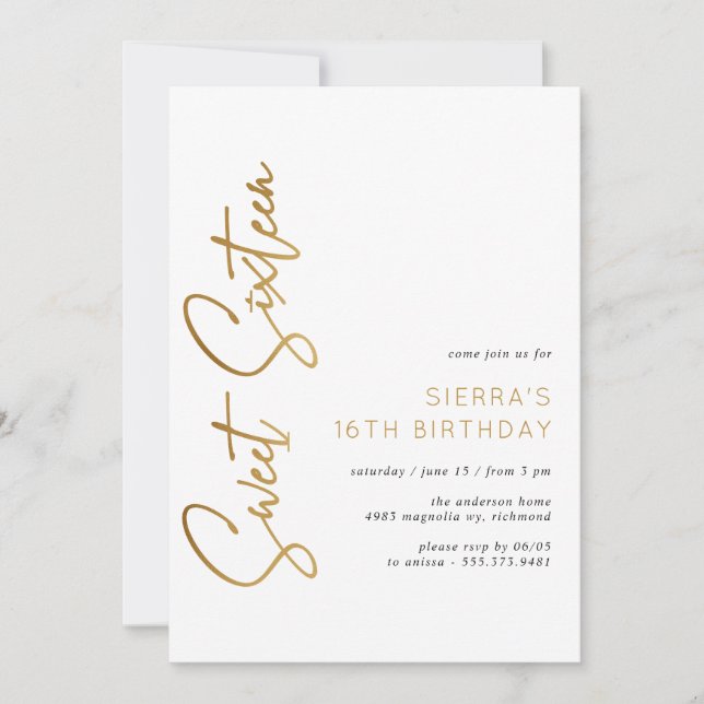 Sweet Sixteen White and Gold Script 16th Birthday Invitation (Front)