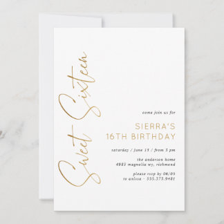 Sweet Sixteen White and Gold Script 16th Birthday Invitation
