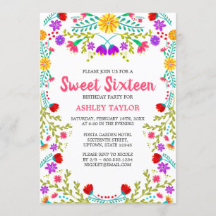 Sweet Sixteen White Mexican Fiesta Folk Art Floral Invitation