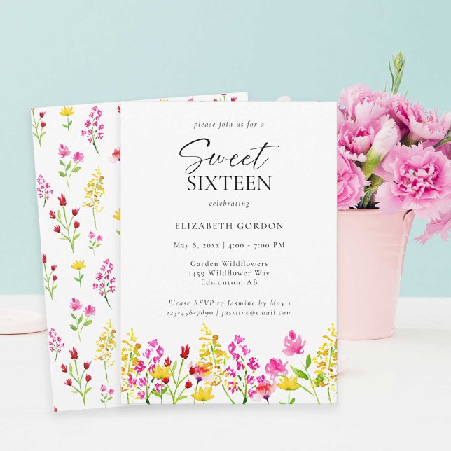 Sweet Sixteen Wildflower Watercolor Script Floral Invitation (Creator Uploaded)