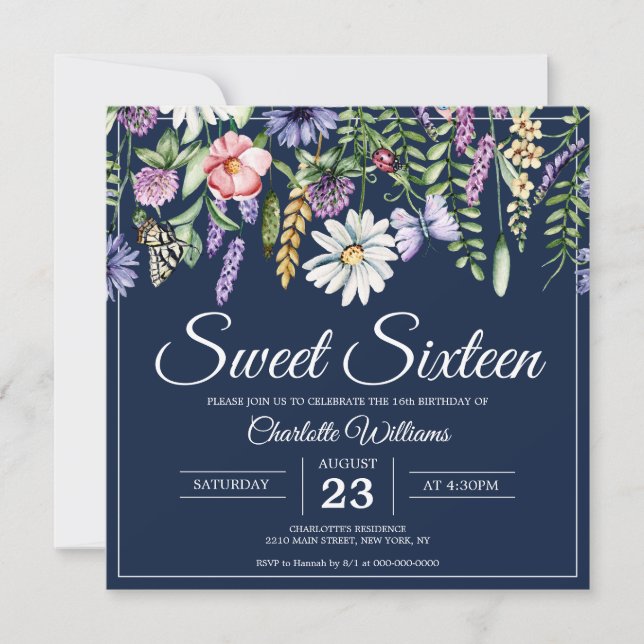 Sweet Sixteen Wildflowers Elegant 16th Birthday Invitation (Front)
