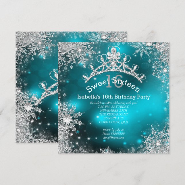Sweet Sixteen Winter Wonderland Silver Teal Invitation (Front/Back)