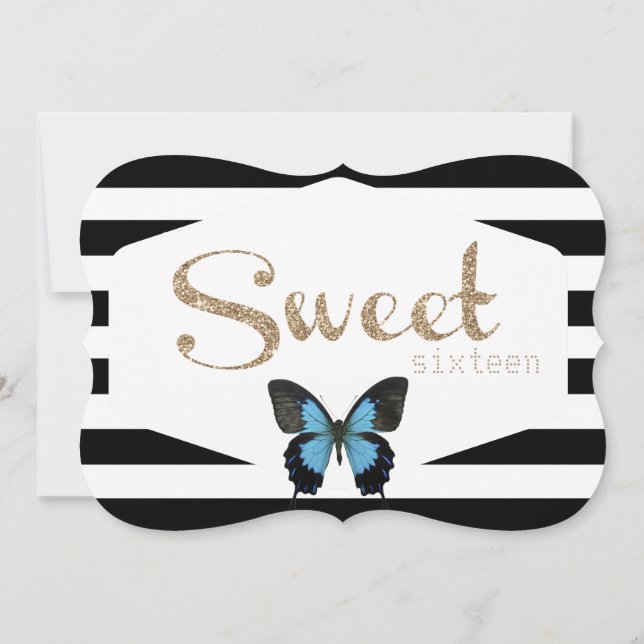 Sweet Sixteen with Gold and Blue Butterflies Invitation (Back)