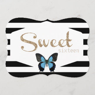 Sweet Sixteen with Gold and Blue Butterflies Invitation