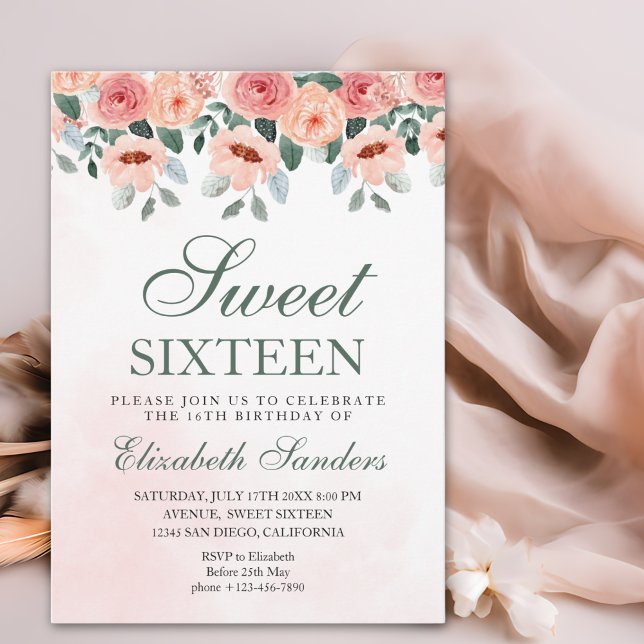 Sweet Sixteen with Watercolor Pink Flowers Invitation (Creator Uploaded)