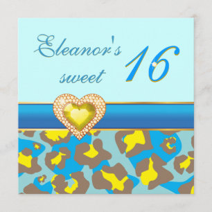 Sweet sixteen yellow blue leopard jewel heart invitation