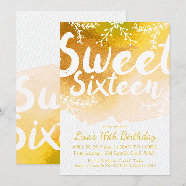 Sweet Sixteen, Yellow Watercolor Invitations (Front/Back)