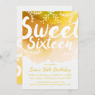 Sweet Sixteen, Yellow Watercolor Invitations