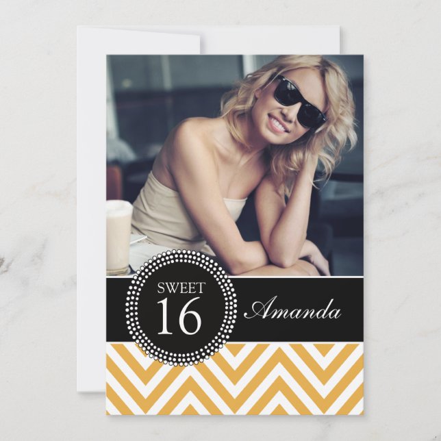 SWEET SIXTEEN YELLOW ZIG ZAG CHEVRON PATTERN INVITATION (Front)