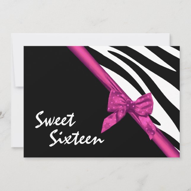 Sweet Sixteen Zebra and Ribbon Pink Invitation (Front)