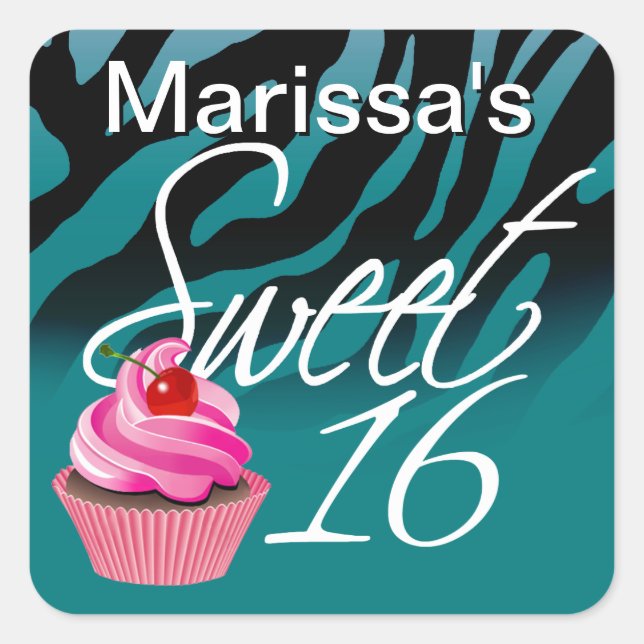 Sweet Sixteen Zebra Cupcake Party Square Sticker (Front)