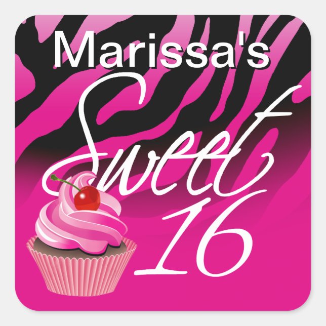 Sweet Sixteen Zebra Cupcake Party Square Sticker (Front)