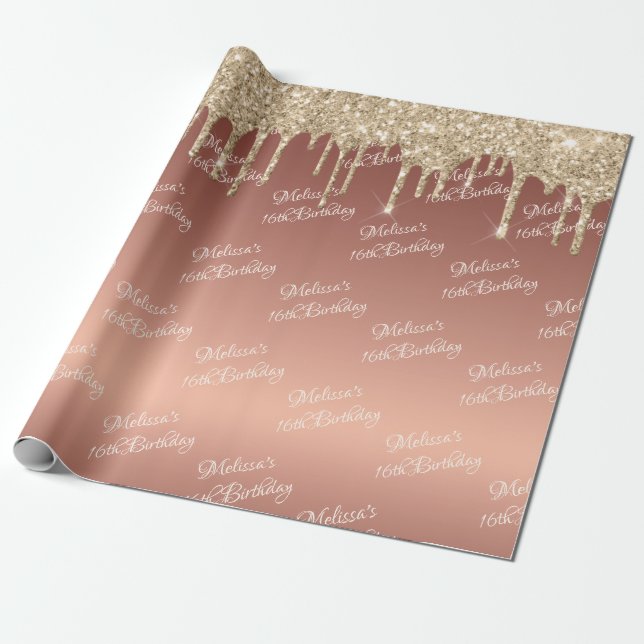 Sweet Sixteenth Rose Gold Birthday Dripping Wrapping Paper (Unrolled)