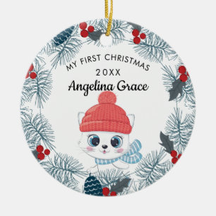 Sweet Skating Cat Baby's 1st Christmas Ceramic Ornament