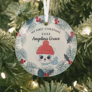Sweet Skating Cat Baby's 1st Christmas Glass Tree Decoration