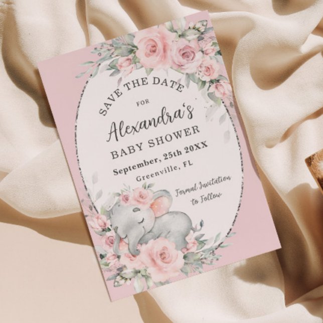 Sweet Sleeping Elephant Pink Floral Baby Shower Save The Date (Creator Uploaded)