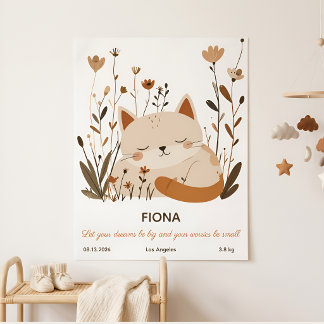 Sweet Sleeping Kitten Floral Nursery Poster