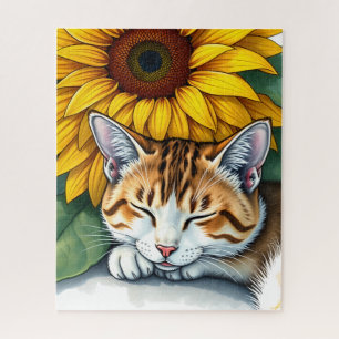 Sweet Sleepy Kitty Cat and Sunflowers  Jigsaw Puzzle