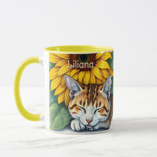 Sweet Sleepy Kitty Cat and Sunflowers Personalised Mug