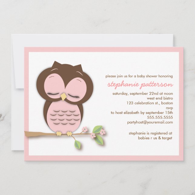 Sweet Sleepy Pink Owl Girl Baby Shower Invitation (Front)