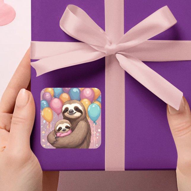 Sweet Sloth Baby Shower Girl Pink Balloons Square Sticker (sweet sloth baby shower favor stickers)