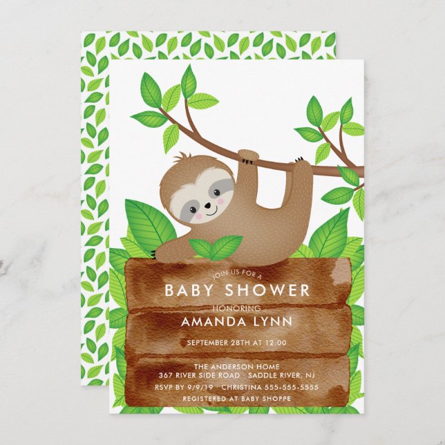 Sweet Sloth Baby Shower Invitation (Front/Back)
