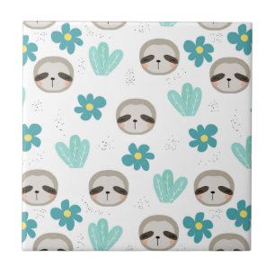 Sweet Sloth Floral Pattern Ceramic Tile