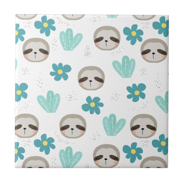Sweet Sloth Floral Pattern Ceramic Tile (Front)