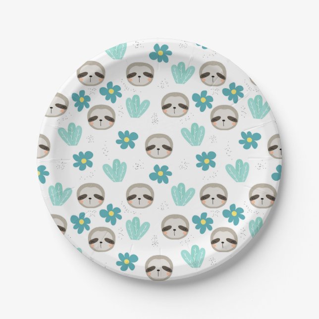 Sweet Sloth Floral Pattern Paper Plate (Front)