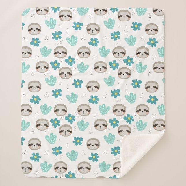Sweet Sloth Floral Pattern Sherpa Blanket (Front)
