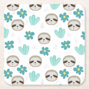 Sweet Sloth Floral Pattern Square Paper Coaster