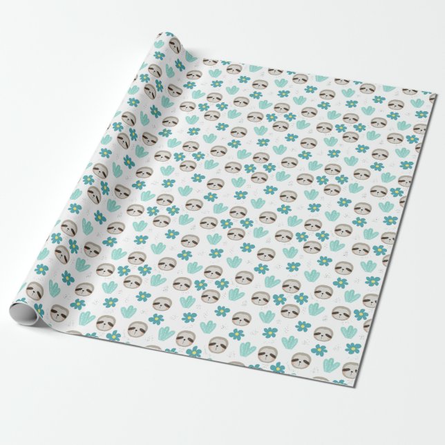 Sweet Sloth Floral Pattern Wrapping Paper (Unrolled)