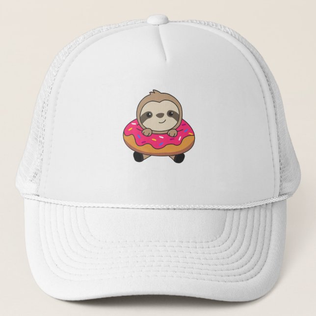 Sweet Sloth Funny Animals In Doughnut Pink Trucker Hat (Front)